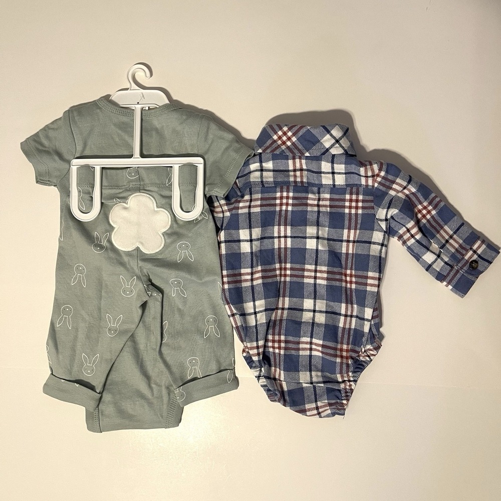 Carter's Baby Boy Outfit Set Newborn Plaid Bodysuit Bunny Pants NWT - Picture 2 of 8